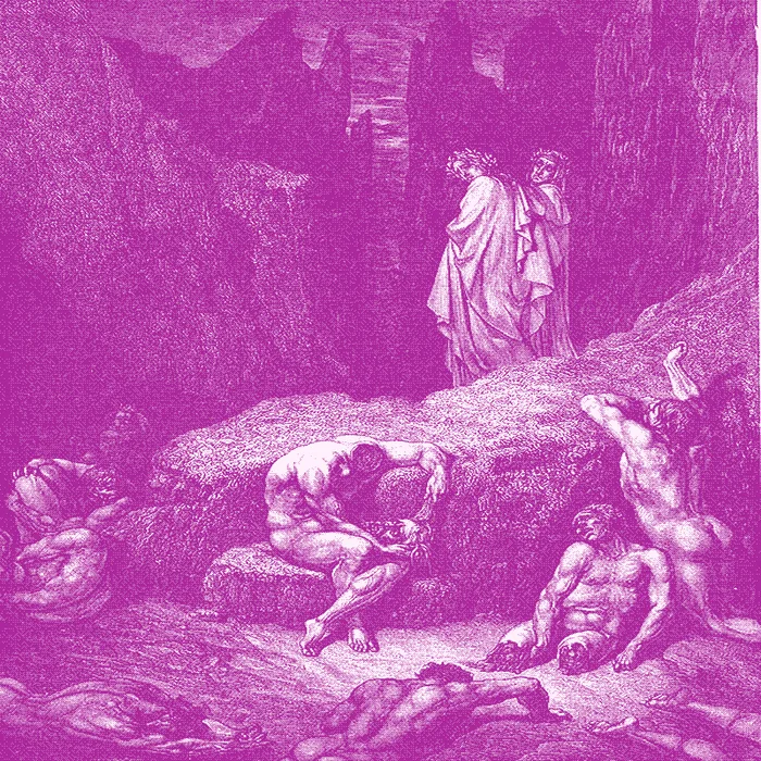 Halftone rendering of a nineteenth-century engraving of figures descending into a ravine