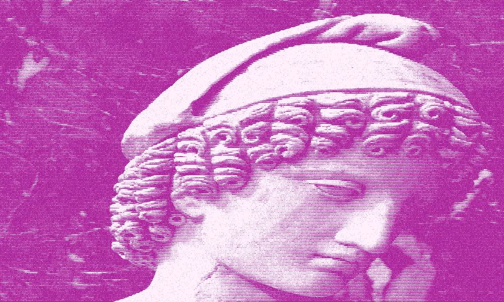 Halftone photograph of a marble head, in duotone scanlines