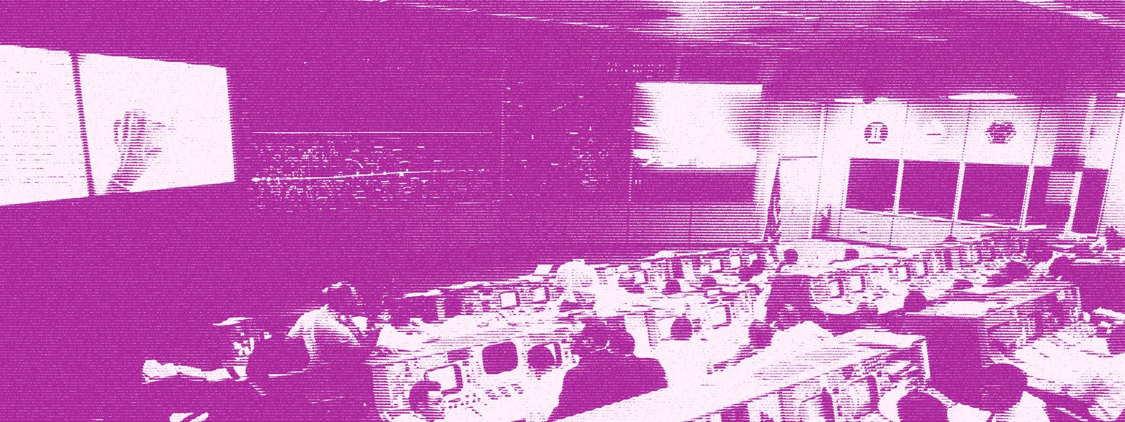 Halftone photograph of a 1969 mission control room, rendered in duotone scanlines